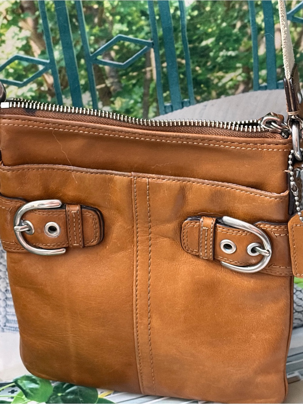 Coach Vintage 41270 Tan Leather Crossbody with Silver Buckle And Key Tag